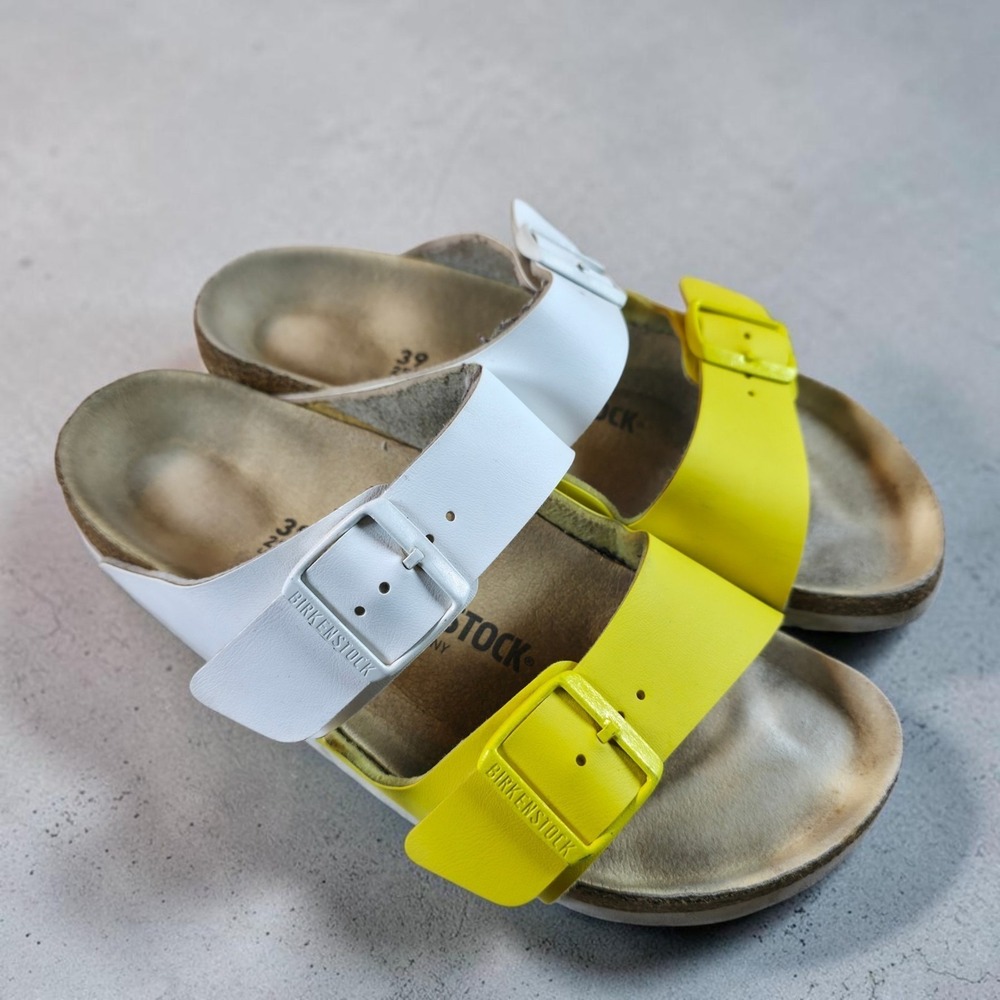 Birkenstock Arizona Split White Lime Sour Yellow Big Buckle Womens Size 8
